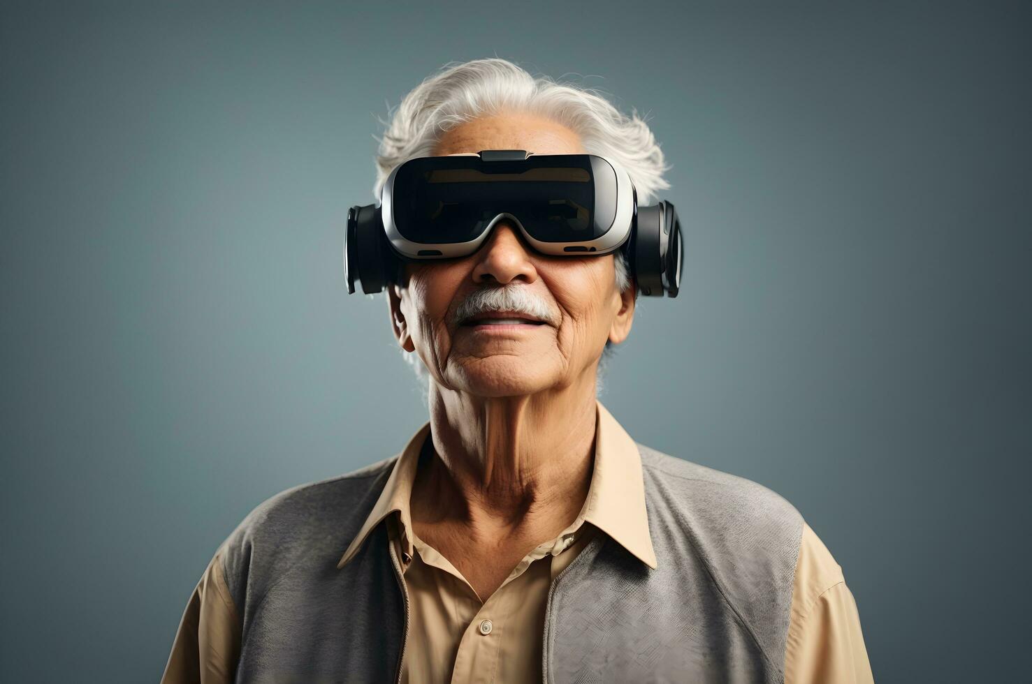 Ai generative Portrait, old people using vr, virtual reality glasses background, banner with copy space text photo