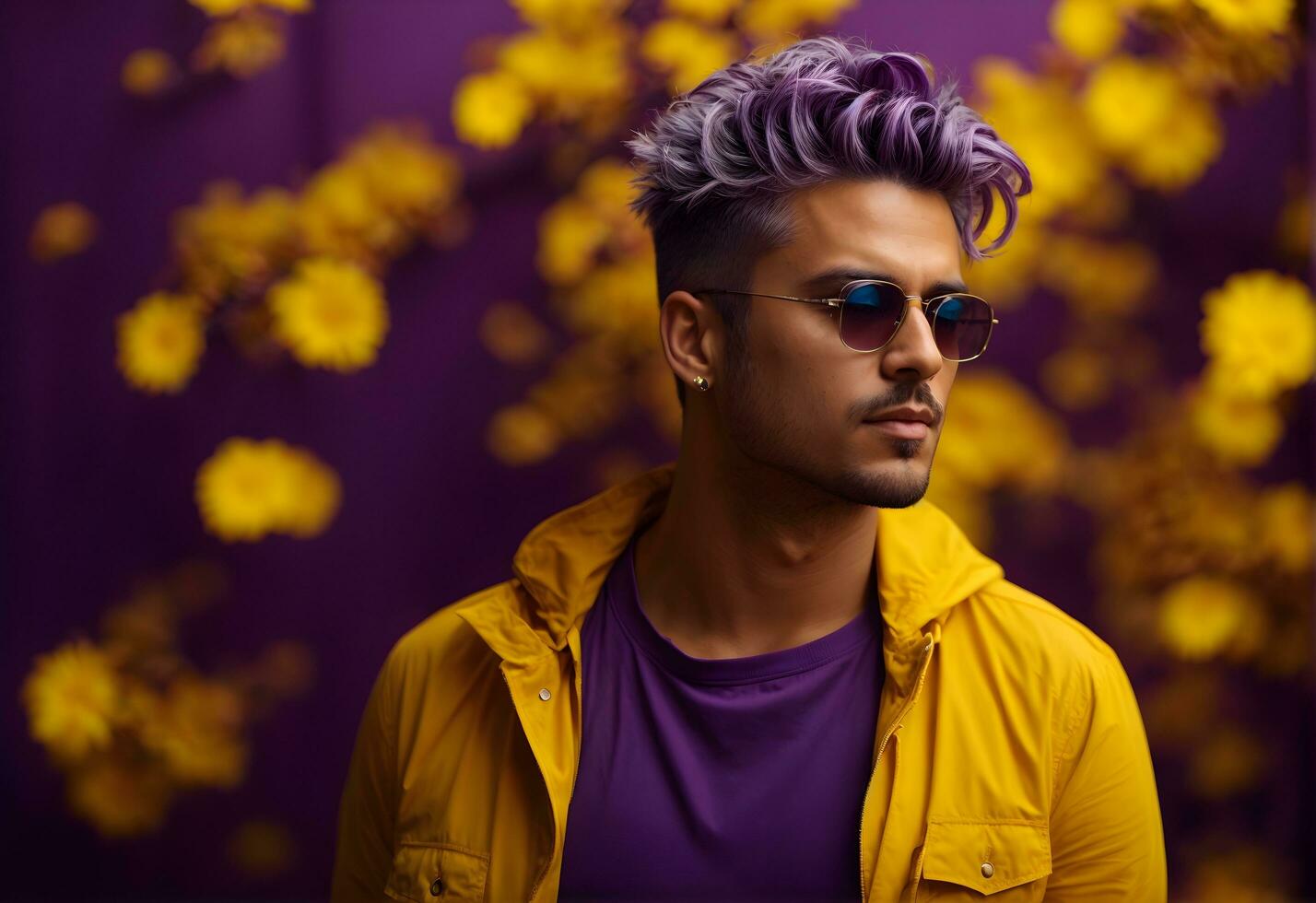 Ai generative Artistic abstract portrait of handsome man model in purple yellow style, fashion background, banner with copy space text photo