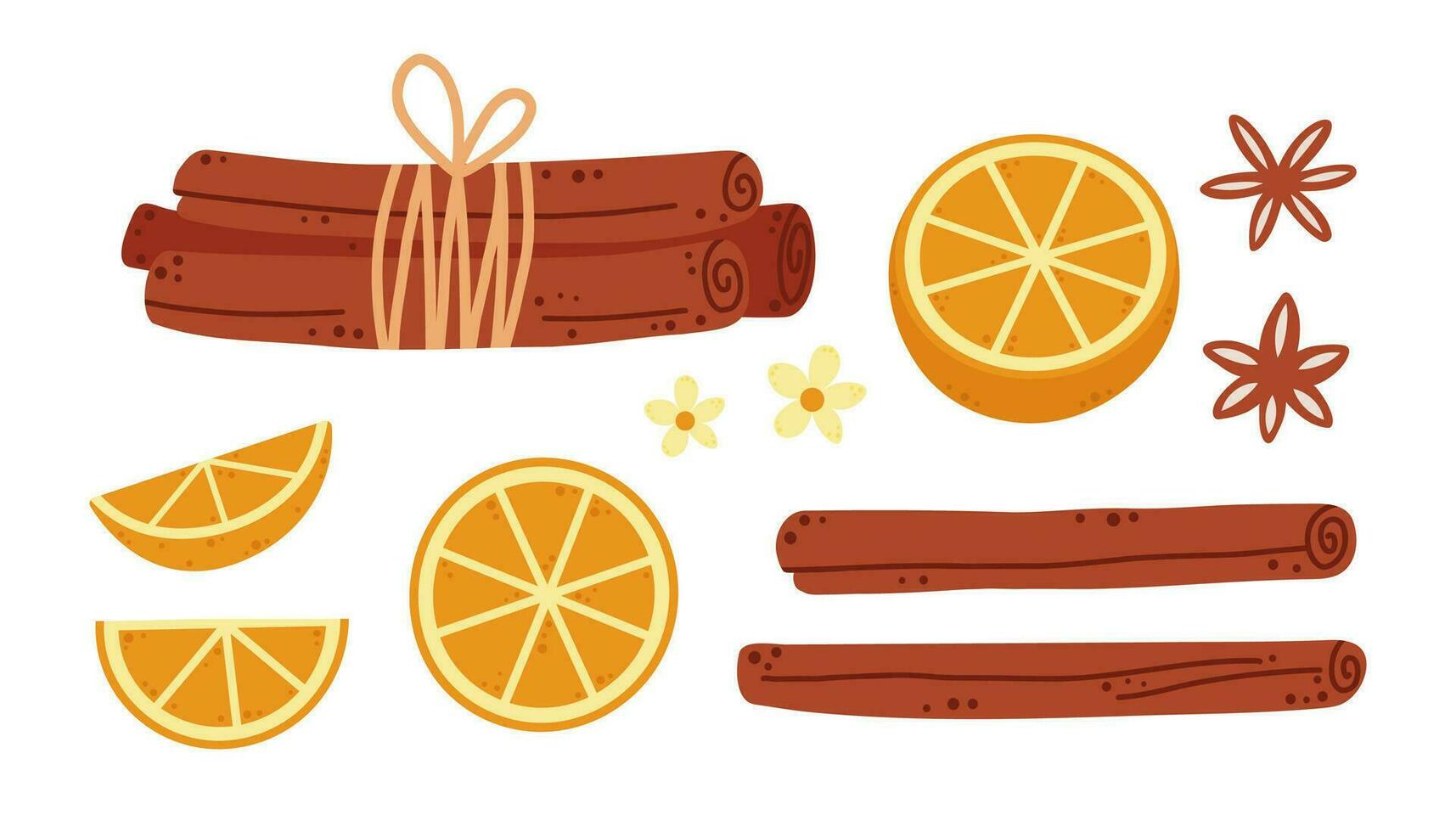 especia colocar. canela palos ladrar, anís estrella, naranja Fruta rebanadas mano dibujado dibujos animados vector ilustración