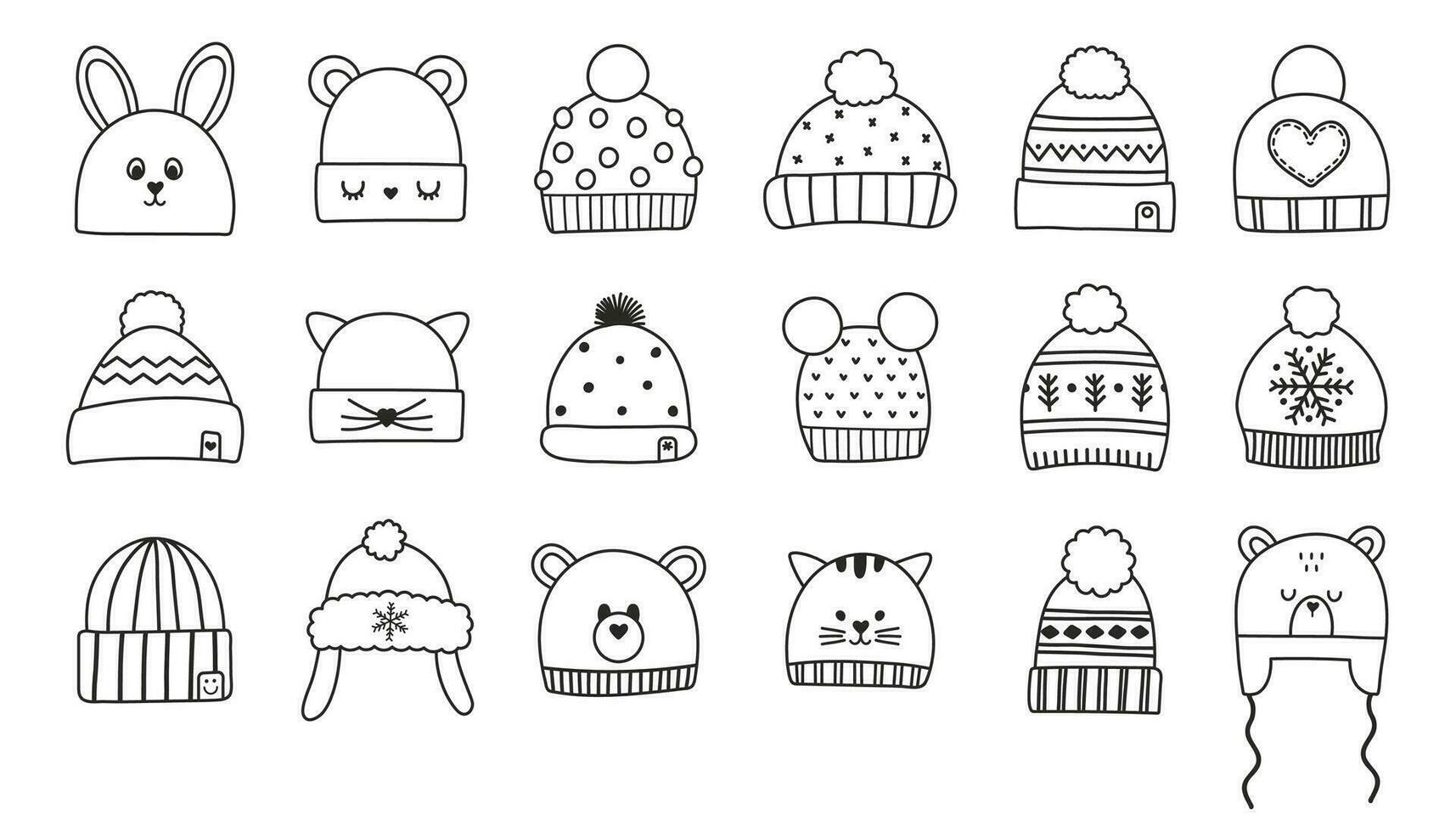 Children and adult coloring winter hats set icons. Isolated circuit hand drawn doodle sketch vector illustration
