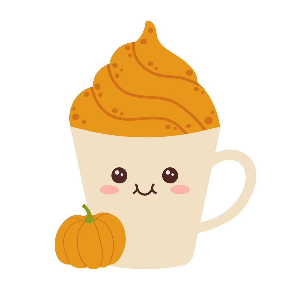 Kawaii pumpkin spice latte coffee. Cute autumn and winter hot drink. Cartoon flat vector illustration