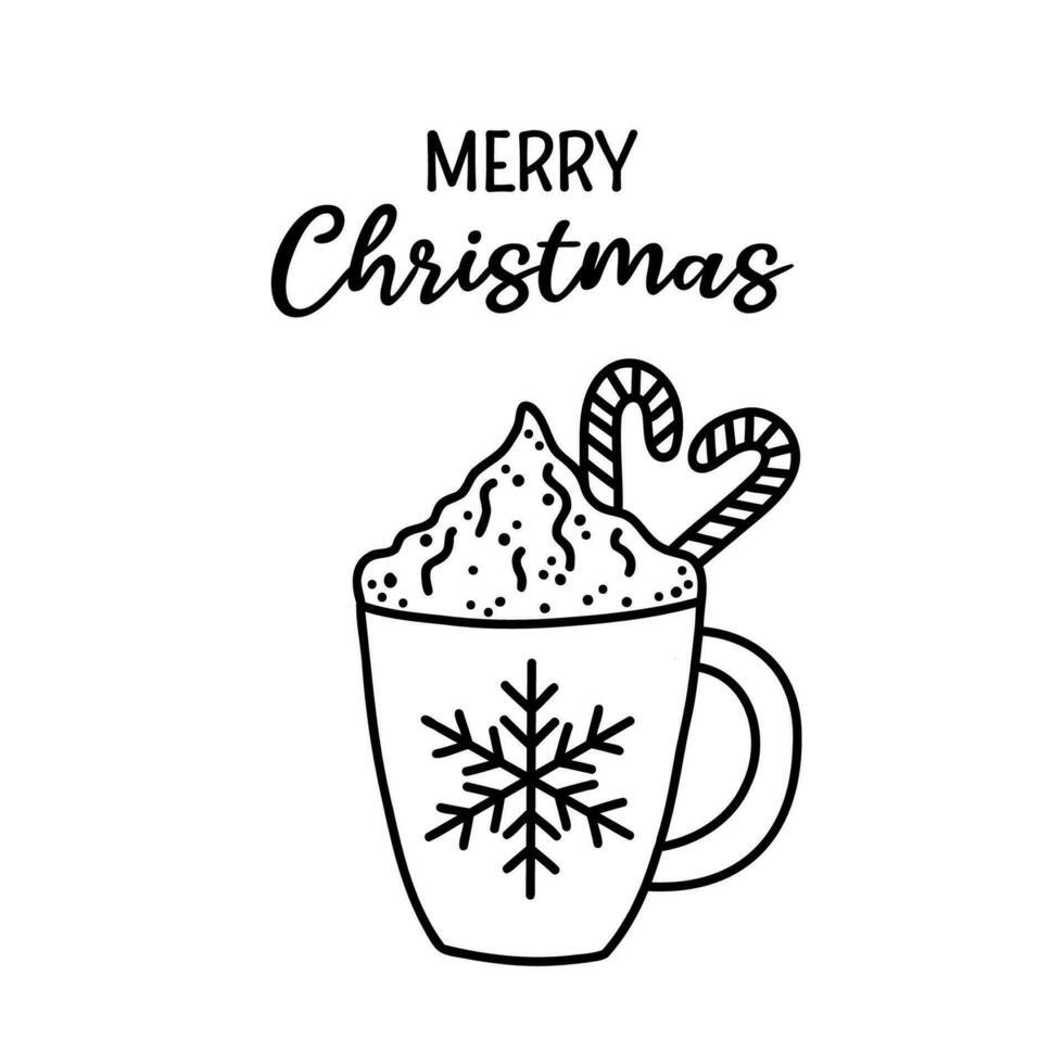 Coloring winter hot drink with whipped cream and candy cane. Hand drawn doodle drink with lettering Merry Christmas. Isolated sketch vector illustration