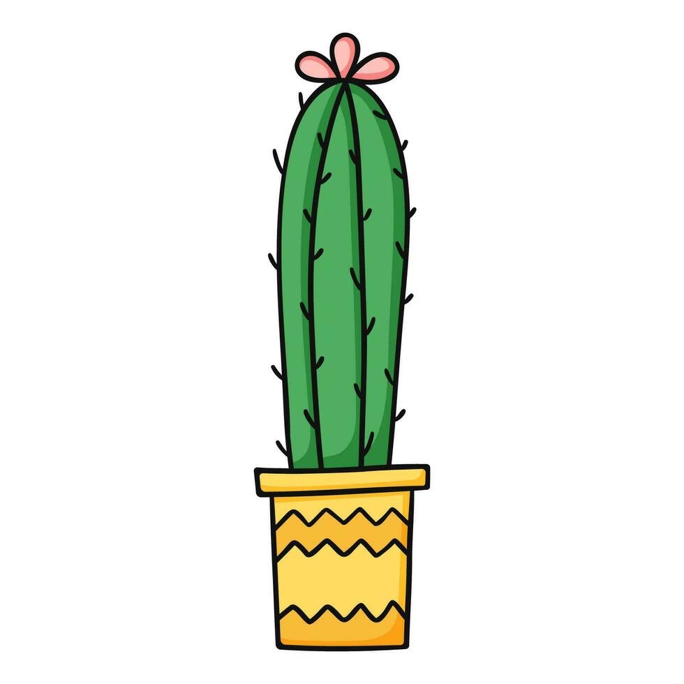 Cute green cartoon cactus with pink flowers in yellow pot. Isolated vector illustration on white background
