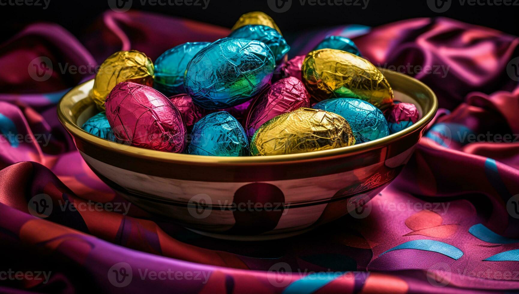 Closeup of a bowl with colored chocolate eggs. AI generated photo