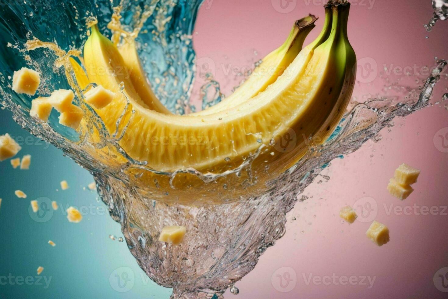 Fresh banana in water splash. AI Generative Pro Photo