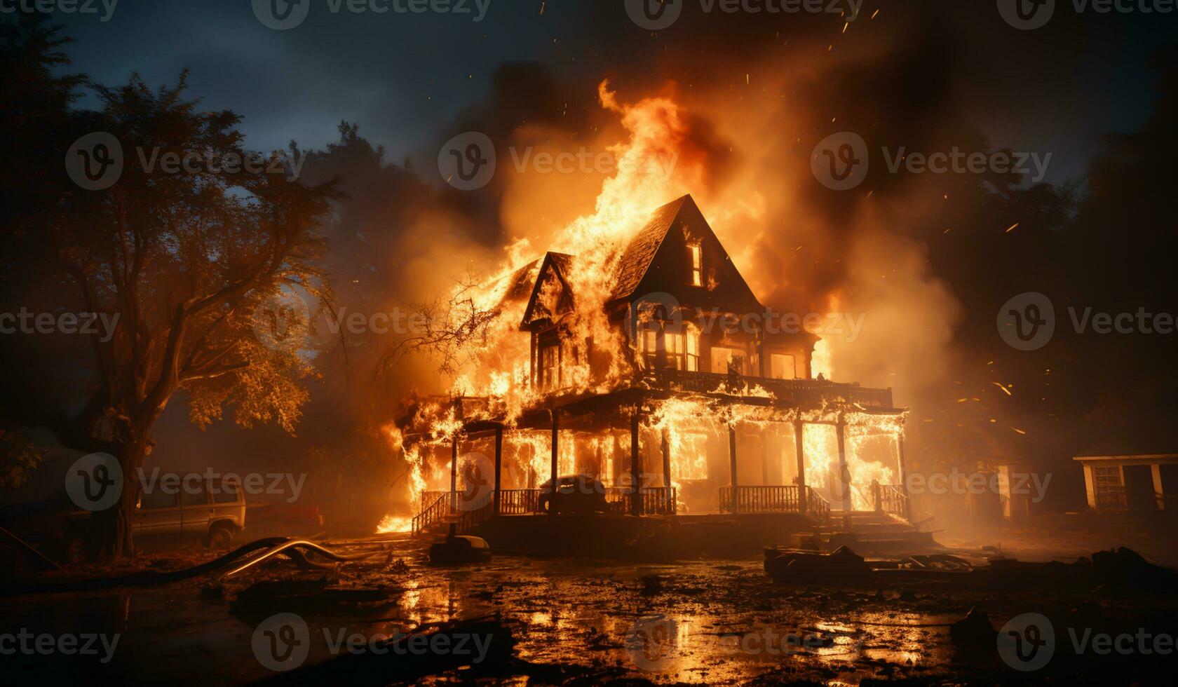 Dwelling house fire, climate change concept. AI generated photo