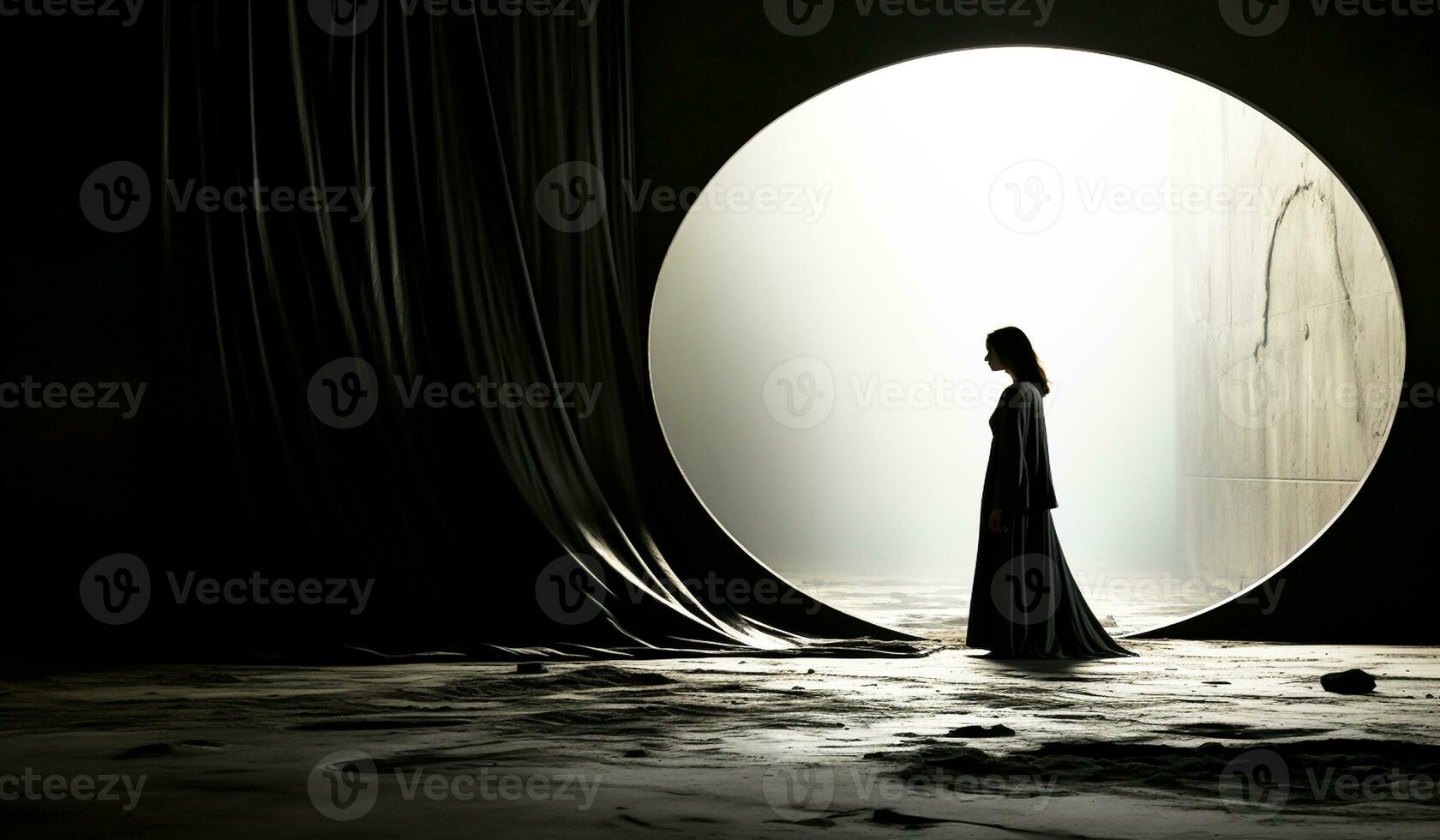 Mystical outdoor landscape with silhouette of person and light through tunnel. AI generated photo