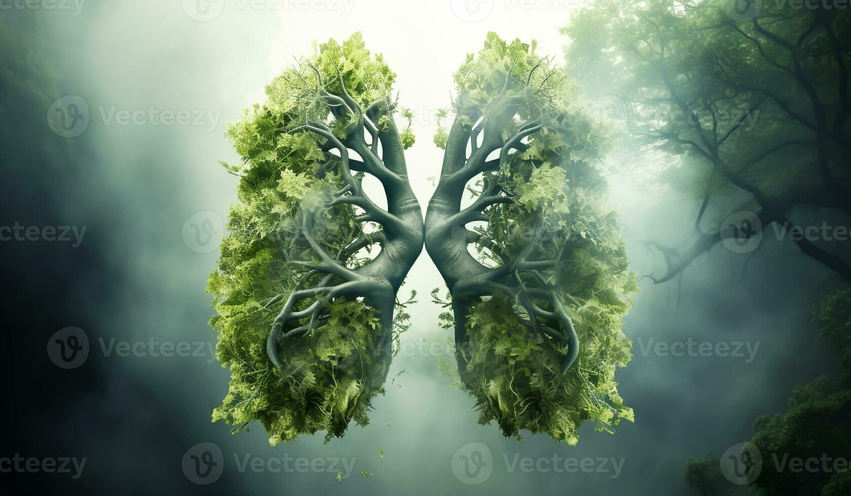 Lungs formed by leaves and tree branches, in the concept of environment and ecology. Lung of the Earth. AI generated photo