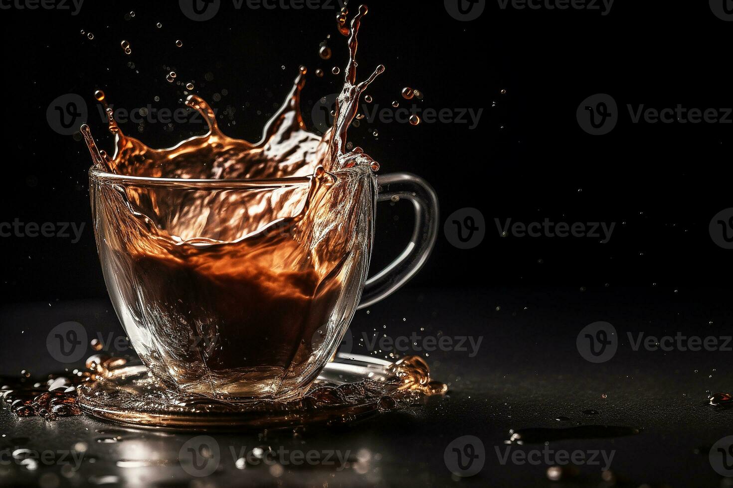 Coffee splash in glass cup on black blackground. ai generated photo