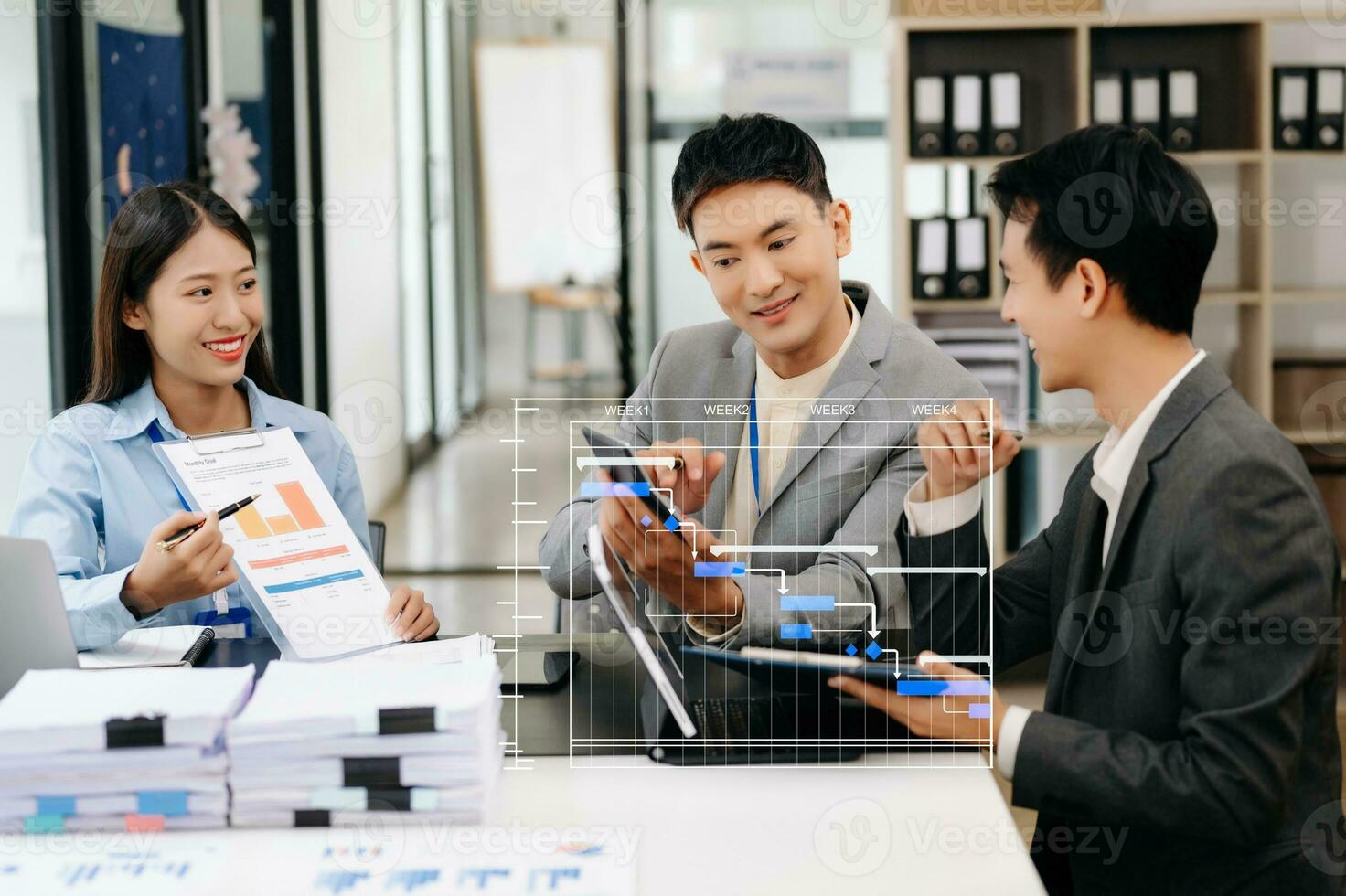 Project manager working and update tasks with milestones progress planning and Gantt chart scheduling diagram.business tram working photo