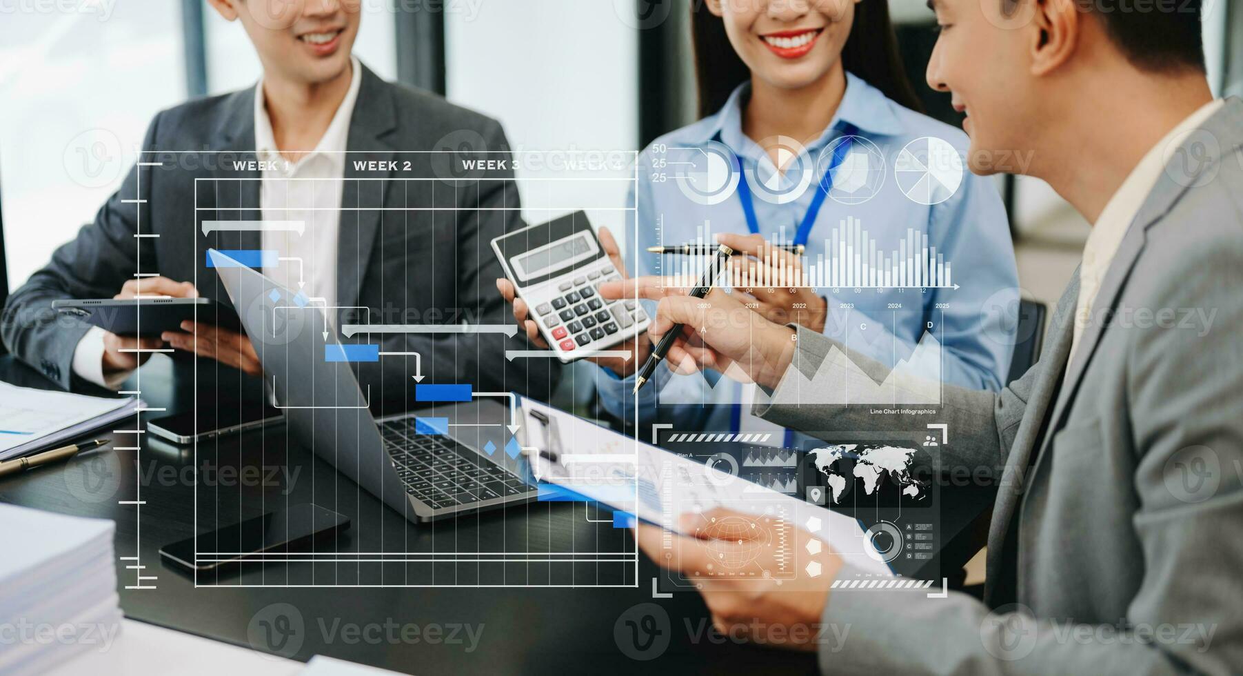 Business team hand Project manager working and update tasks and Gantt chart scheduling virtual diagram.with smart phone, tablet and laptop in office. photo