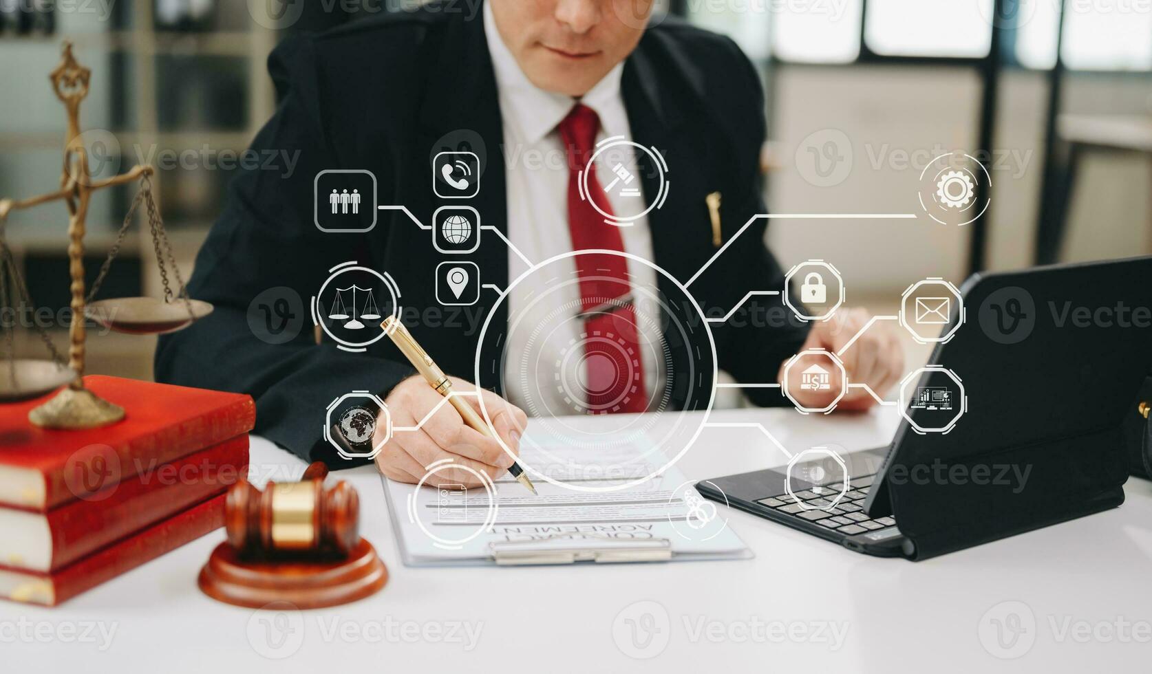 justice and law concept. Male judge in a courtroom he gavel, working with smart phone and laptop and digital tablet on white table with VR icon photo