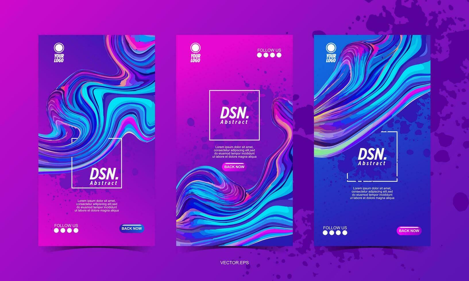 three banners with abstract swirls and blue and purple colors vector