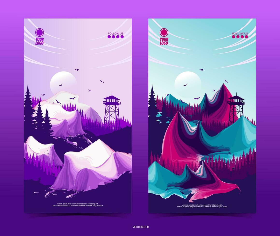 two banners with mountains and trees vector