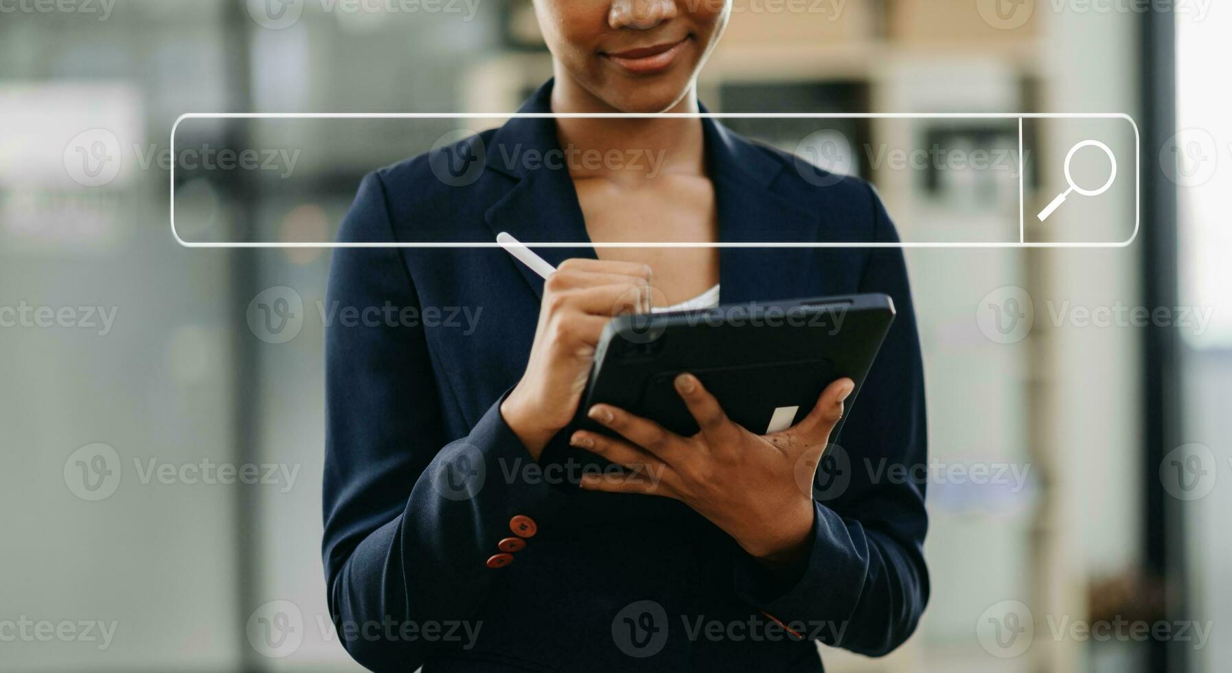 Searching Browsing Internet Data Information Networking Concept with blank search bar.man working with mobile phone and laptop computer VR icon photo