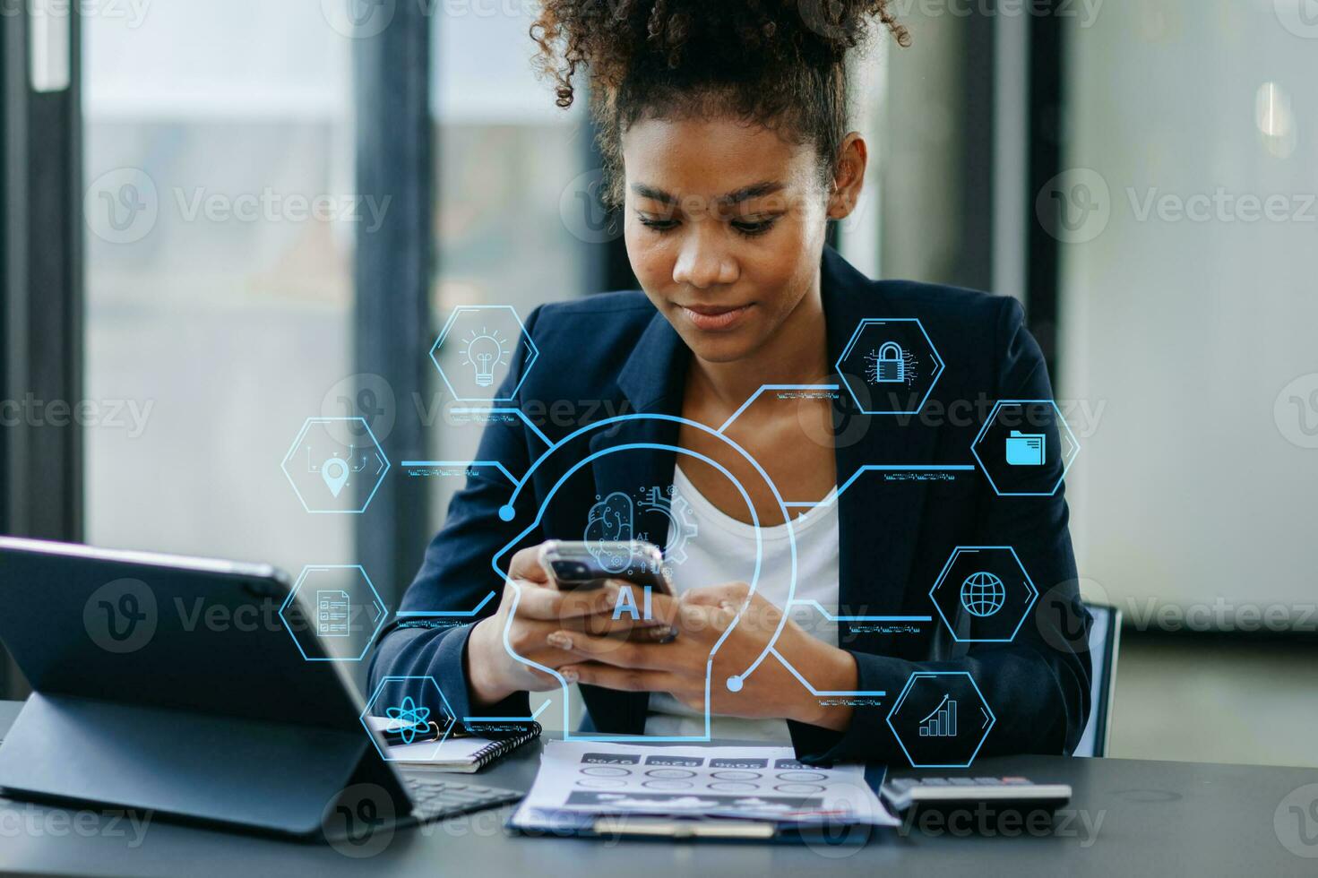 Woman using chat bot in smartphone intelligence Ai. Chat with AI Artificial Intelligence, developed by OpenAI generate. robot in online system. in office photo