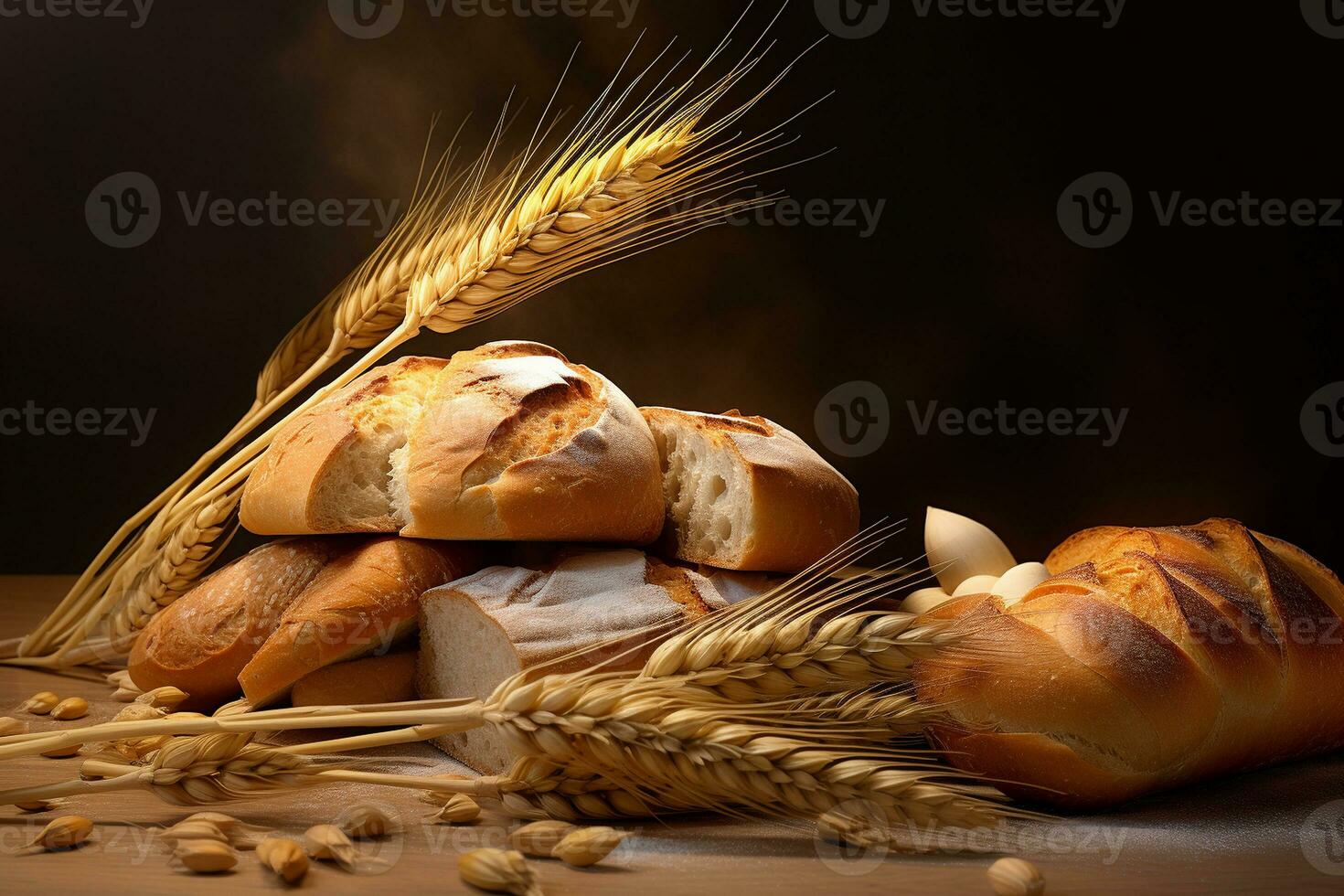 Illustration still life with various types of fresh bread and ears of wheat. AI generated photo