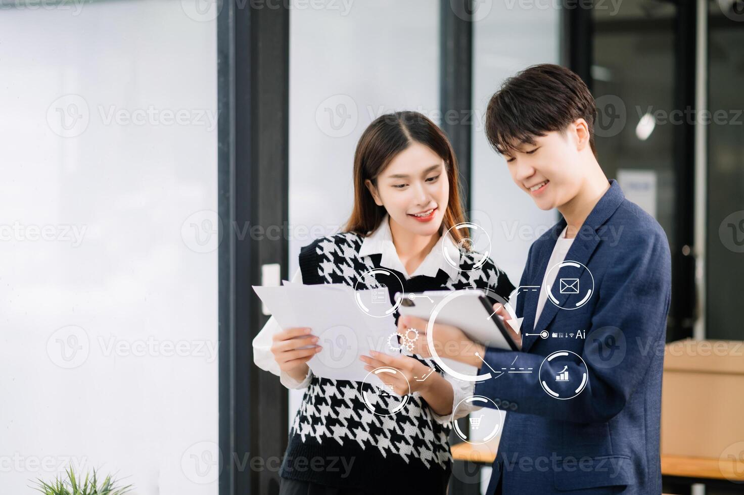 Business Asian team present. professional investor working new start up project. tablet laptop computer with digital marketing media in virtual icon photo