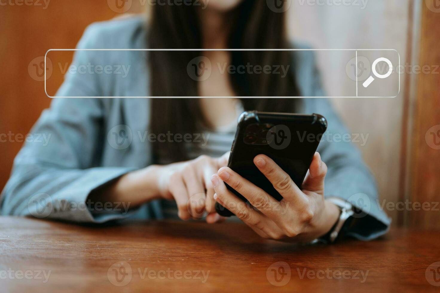 Searching Browsing Internet Data Information Networking Concept with blank search bar. woman working with mobile phone and laptop computer VR icon photo