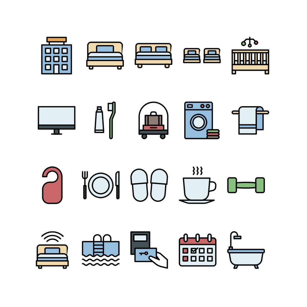Hotel Filled outline icon set vector