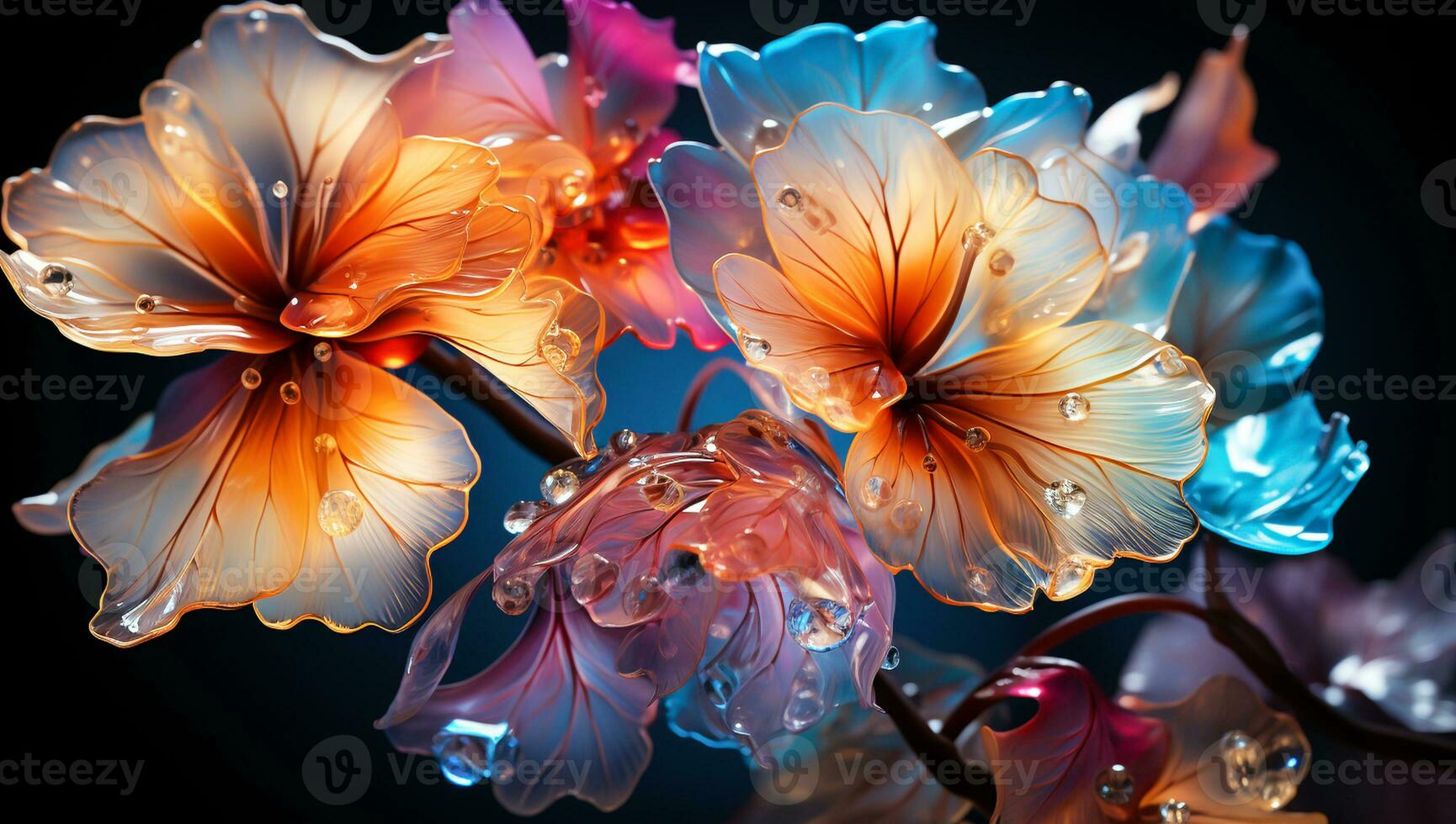 ilustración de brillante ligero naranja y azul transparente flores ai generado foto