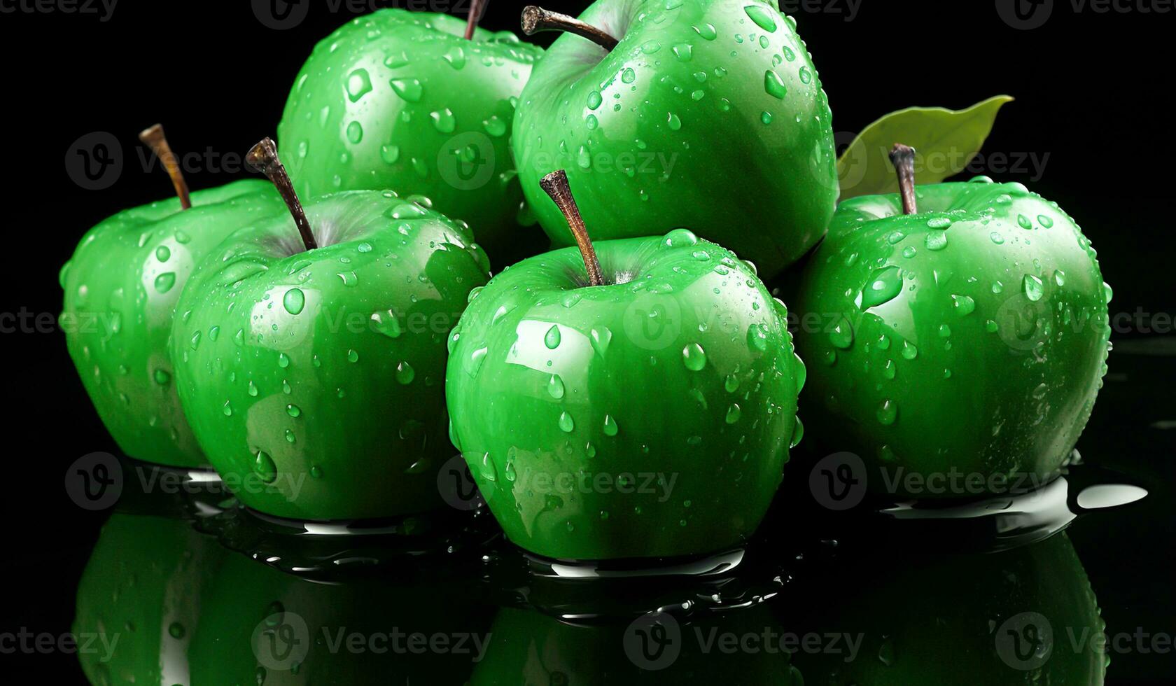 Green apple with water drops. AI generated photo