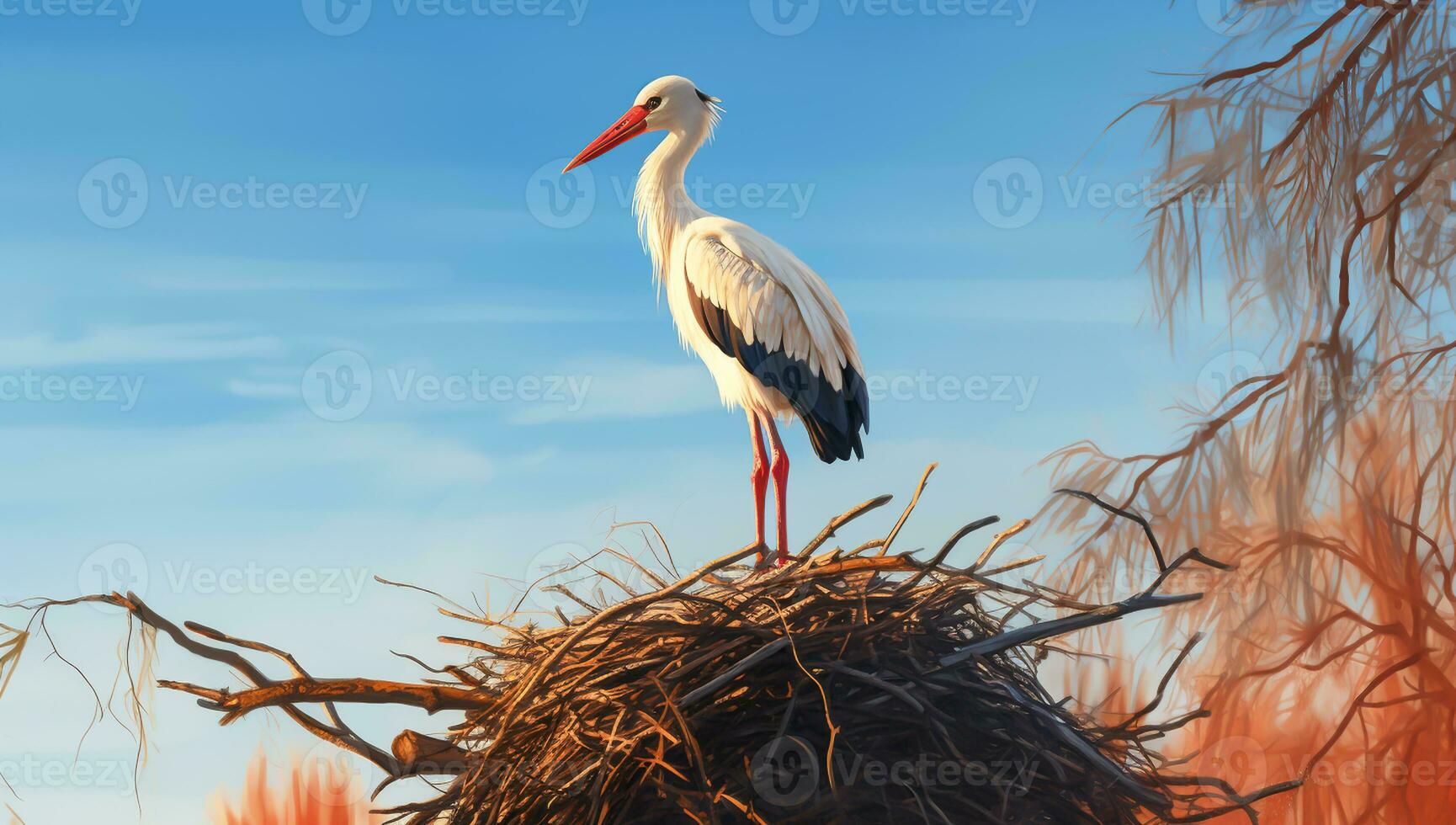 Stork on top of the nest. AI generated photo