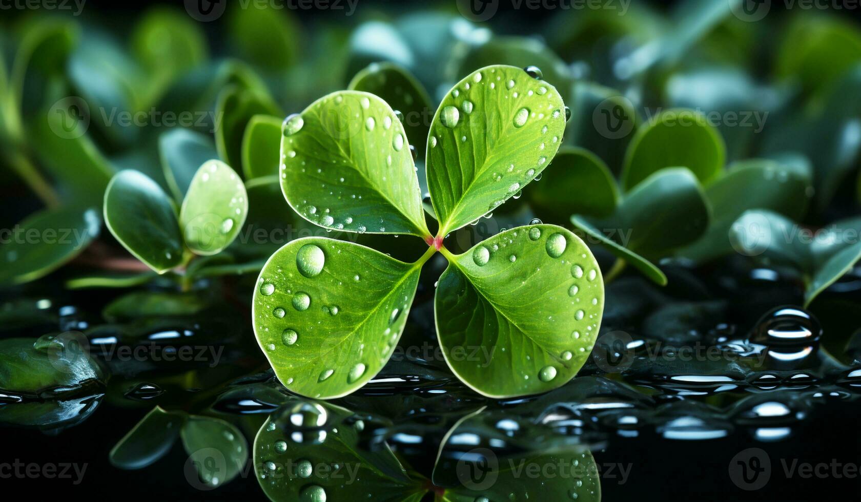 Clovers covered by dew drops. AI generated photo