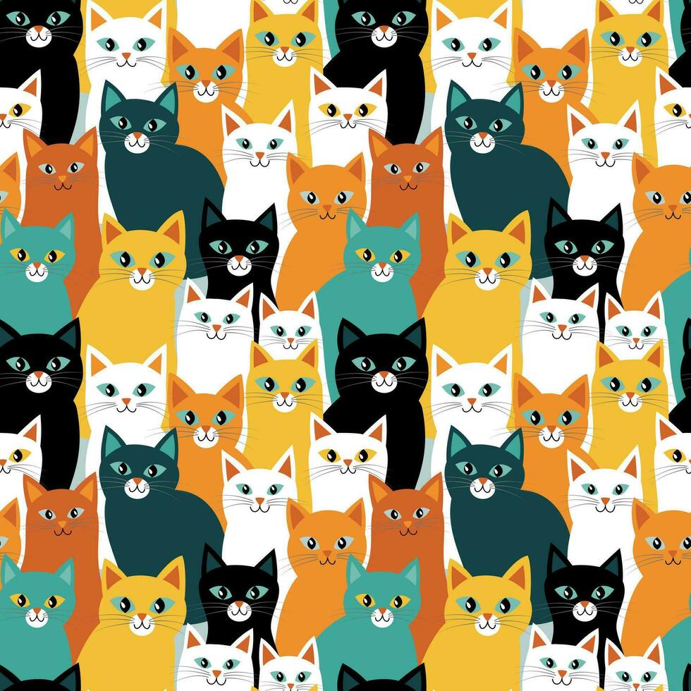 Seamless Pattern with Cats, Flat Illustration in Yellow, Orange, Mint Green, Black and White vector