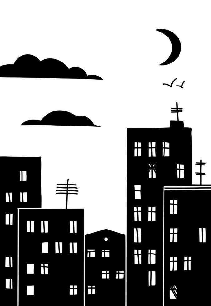 estilizado ciudad vertical dibujo. negro silueta en blanco antecedentes. noche antecedentes con flotante creciente luna, plano diseño estilo vector ilustración.