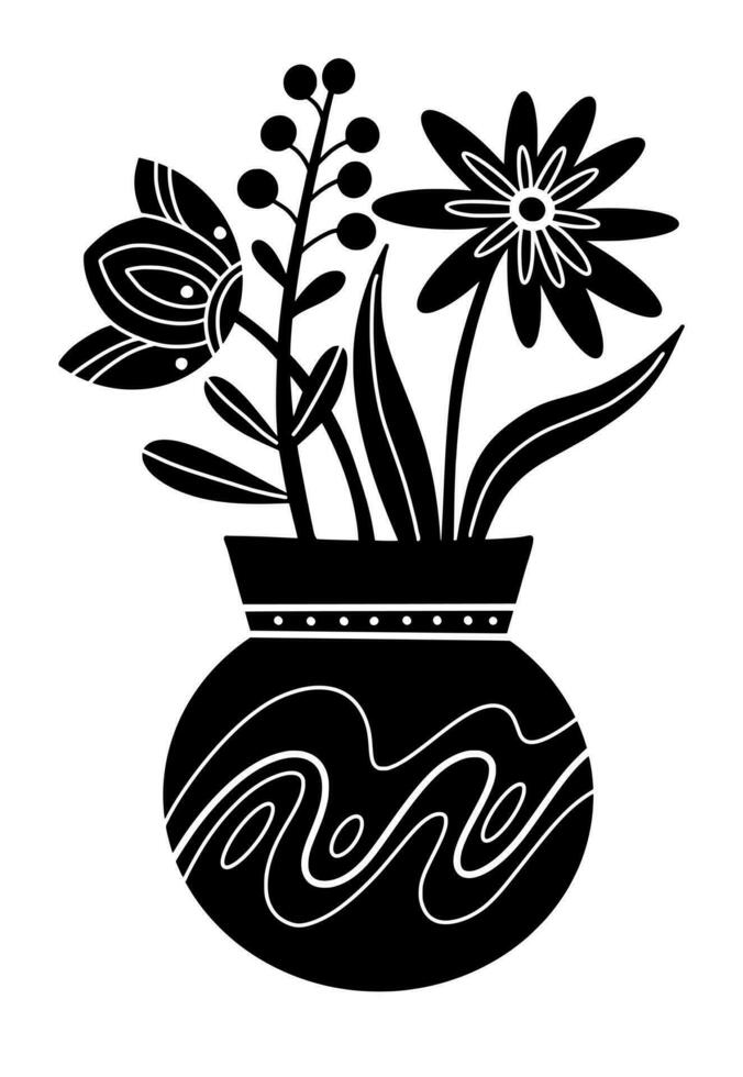 Stylized silhouette of a black vase with flowers on a white background. Vector illustration.