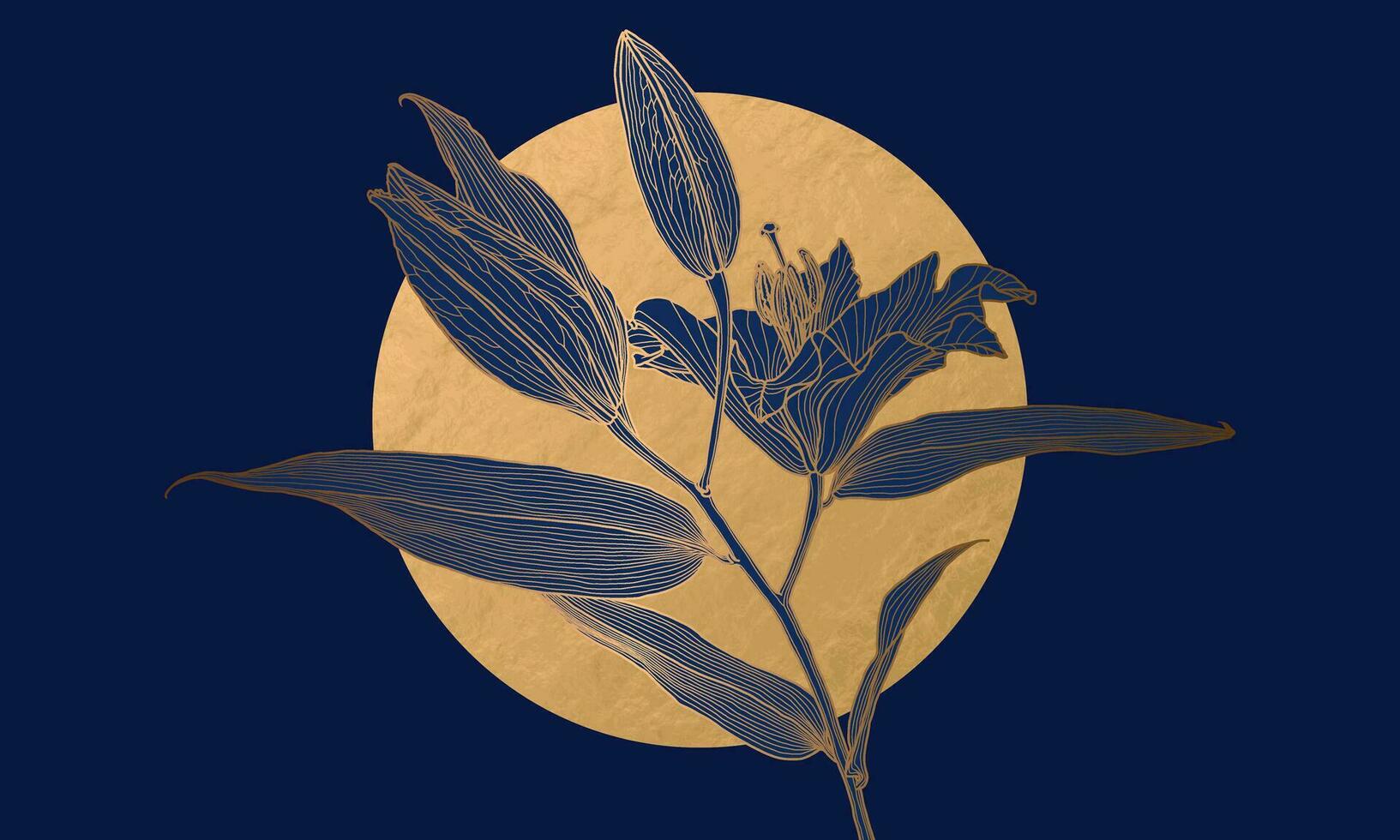 lujo Arte deco oro metálico lirio flor lineal dibujo y Luna en profundo azul. fondo de pantalla diseño para imprimir, póster, cubrir, bandera, tela, invitación, tarjeta postal, embalaje. digital vector ilustración.