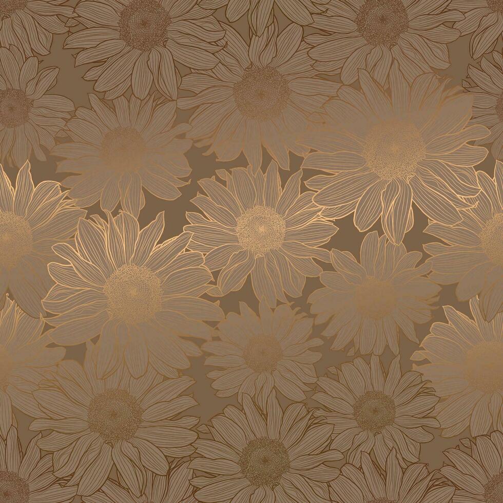 Luxury art deco gold metallic seamless pattern of sunflowers, linear drawing in bronze color. vector