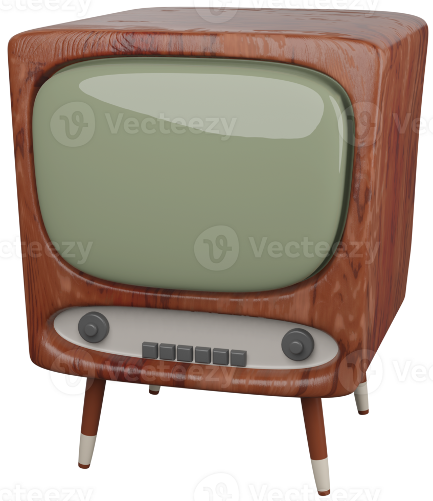 3D illustration render model of old TV in brown wooden case on legs on transparent background png