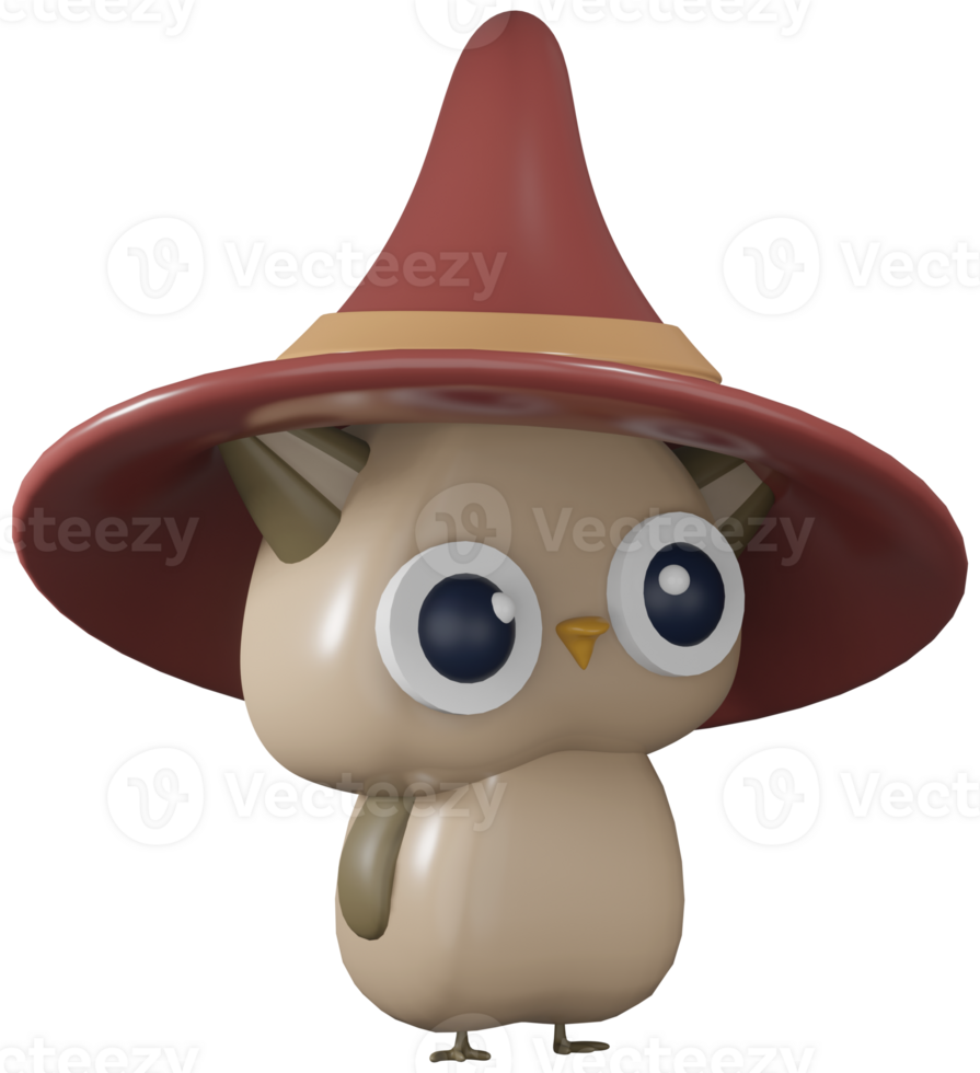 3d illustration rendre personnage oiseau beige hibou dans marron chapeau sur transparent Contexte png