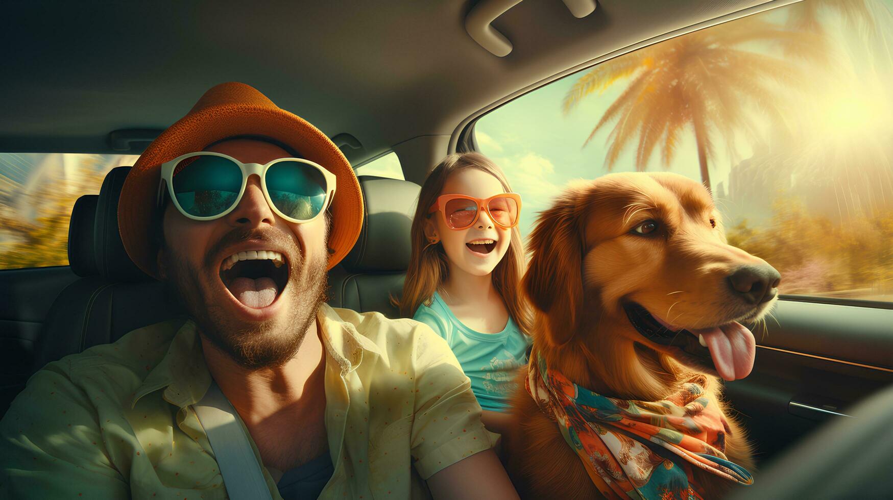 Family of father and daughter with dog driving away on vacation.created by generative AI photo