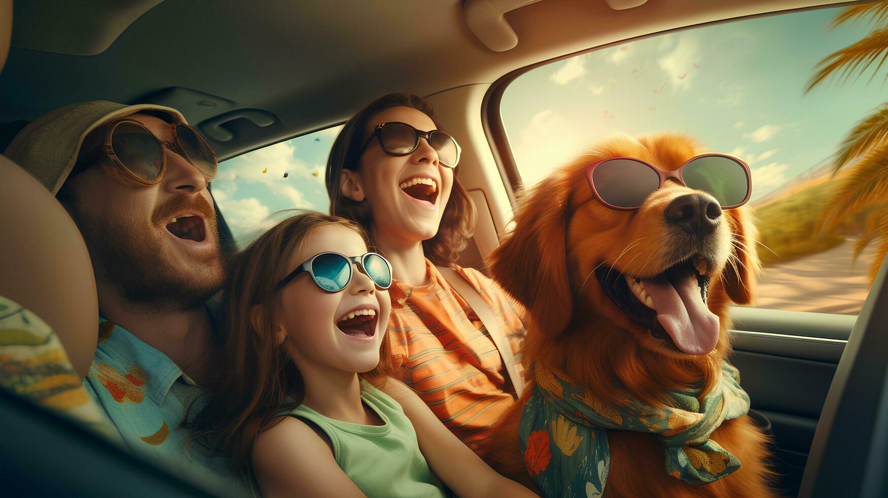 Family of father and daughter with dog driving away on vacation.created by generative AI photo