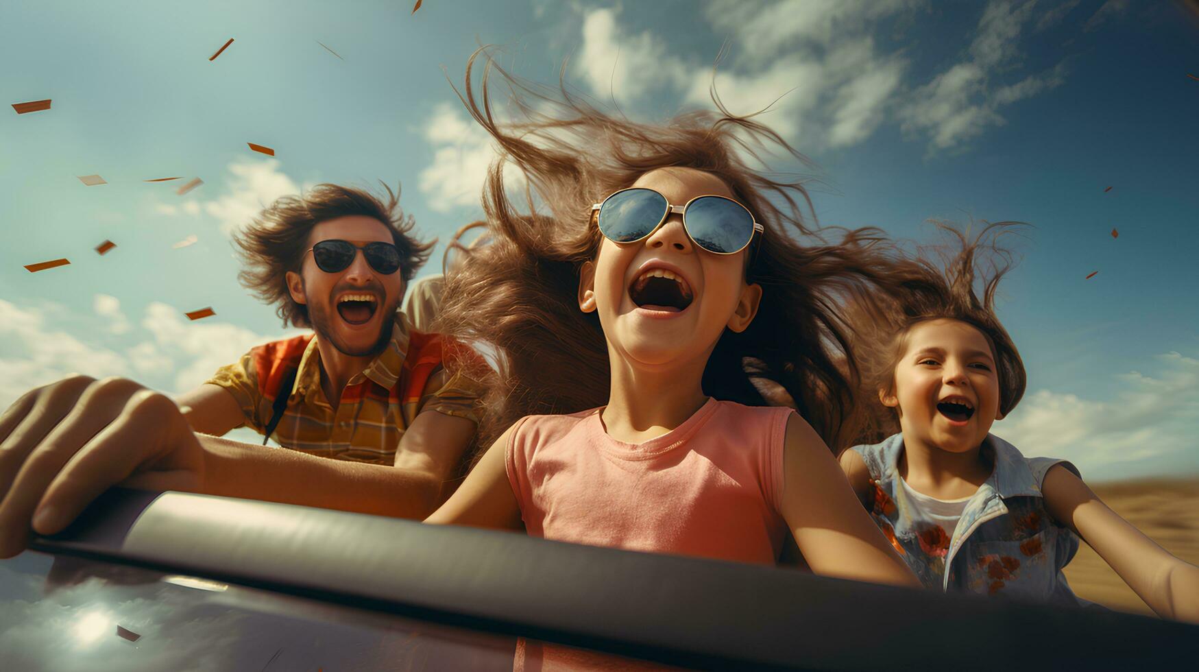 Happy A family of father and daughter are driving away on vacation.created by generative AI photo