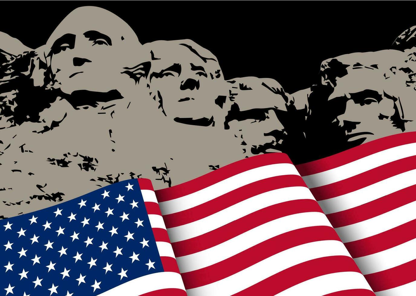 waving flag america and four former presidents statue at mount rushmore national monument on black background vector
