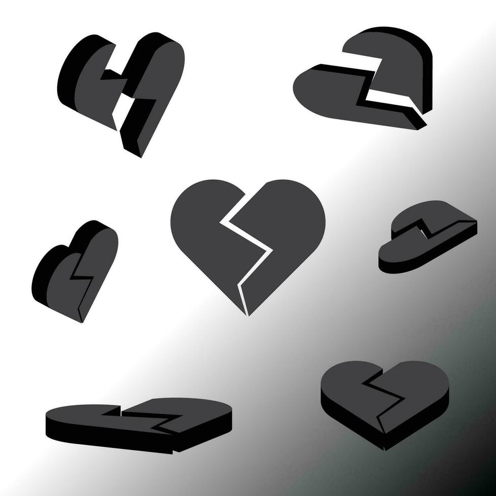 3d broken black heart with different angles, silhouette vector icon for love