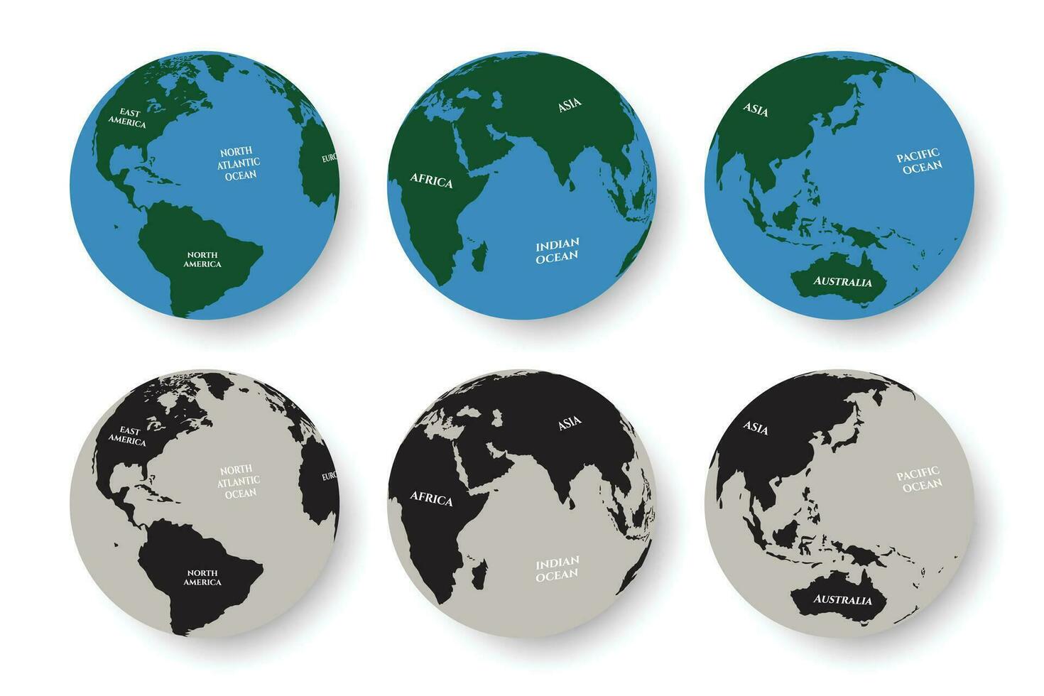 Set of earth globe icons, colourful and silhouette earth continents, vector illustration of world map
