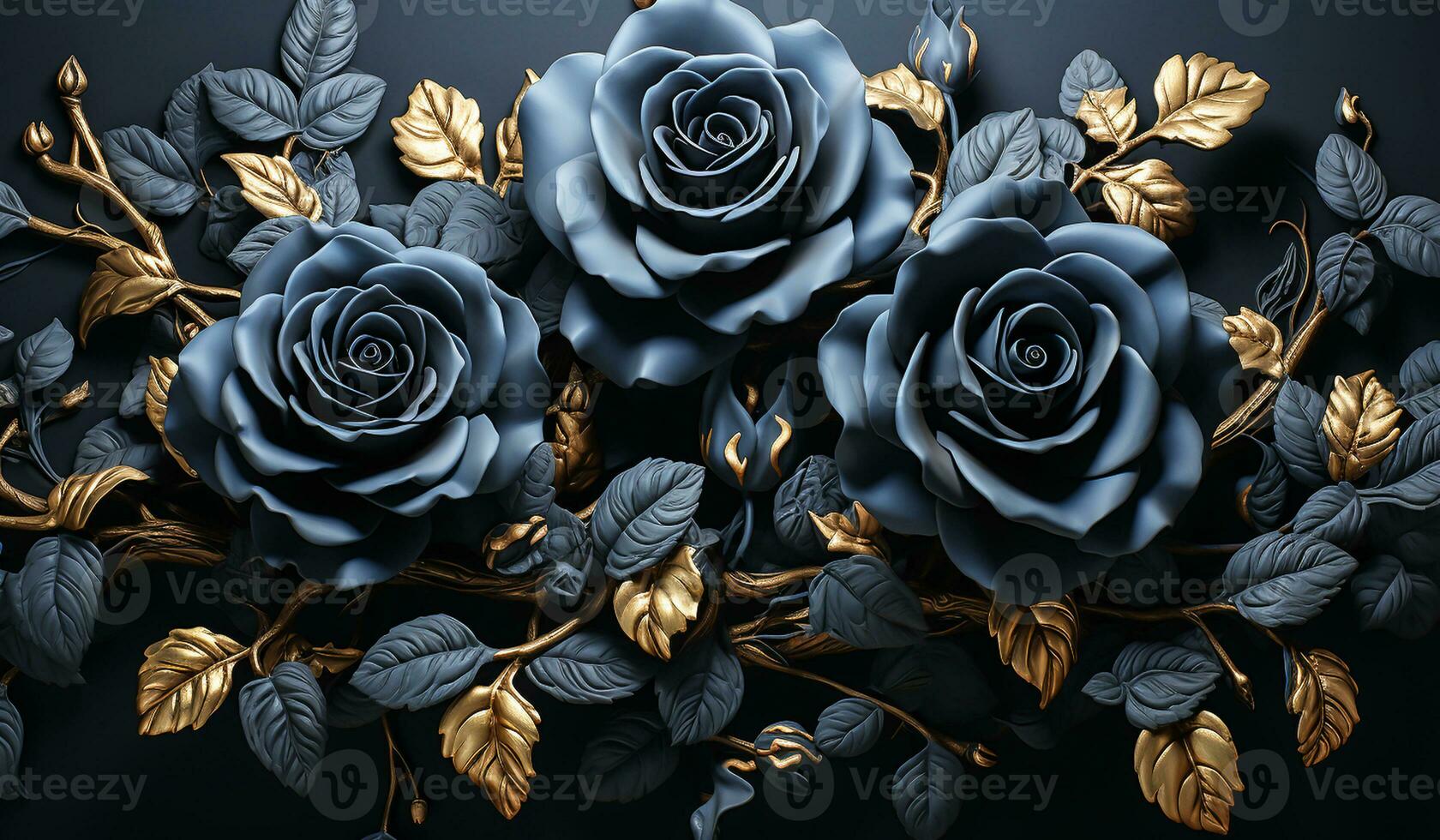 Bouquet of black roses with golden petals. AI generated photo