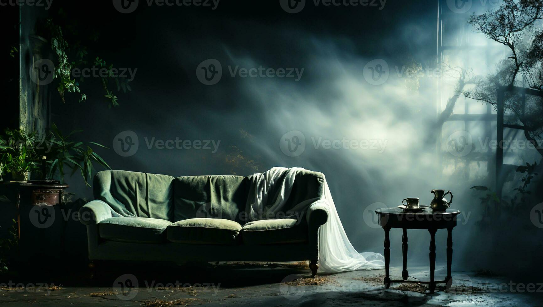 Misty outdoor room with table, sofa and curtais. AI generated photo
