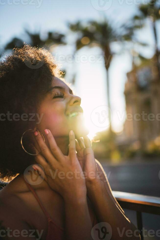 USA, Nevada, Las Vegas, portrait of happy young woman in the city photo