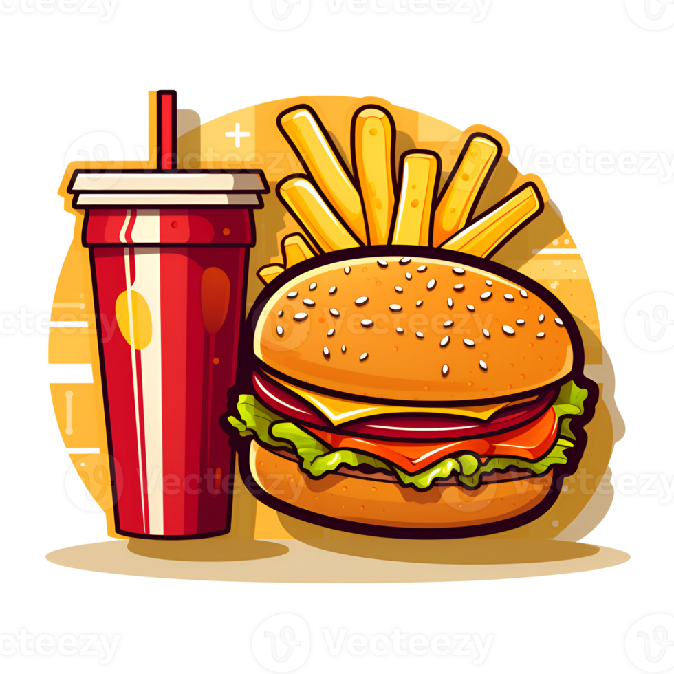 Cartoon Style Cheeseburger Combo Meal with French Fries and Soda Drink No Background Perfect for Print on Demand Merchandise AI Generative png