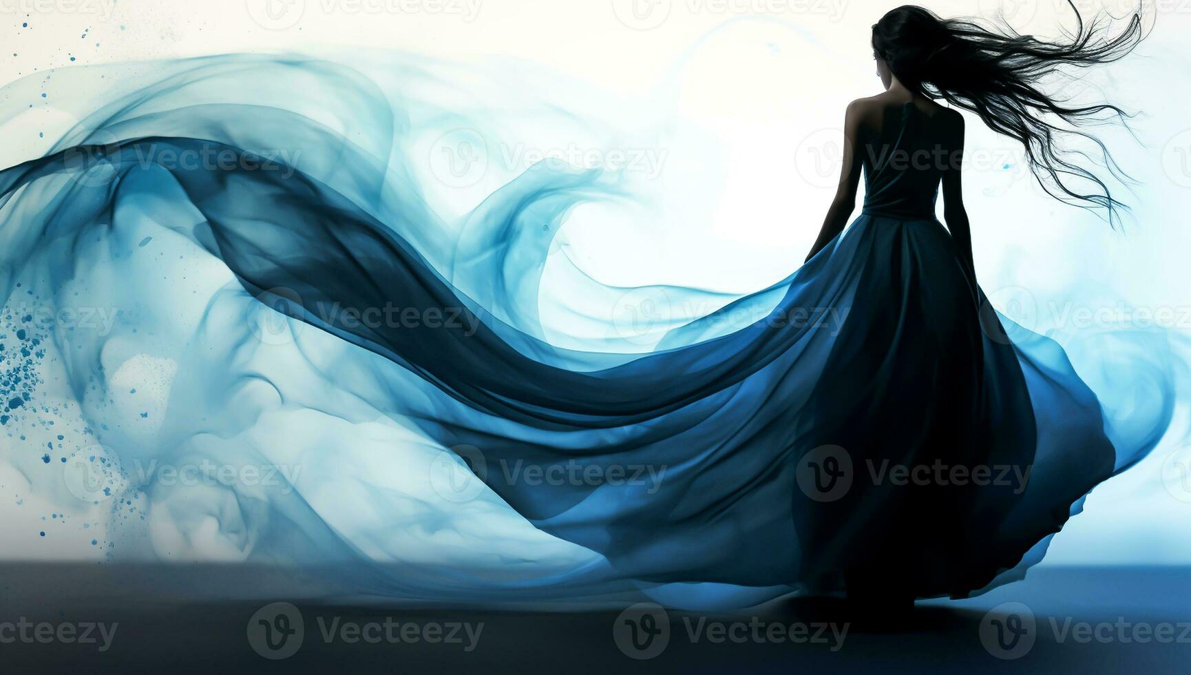 Fictional female figure, dark hair and flowing blue dress. AI generated photo