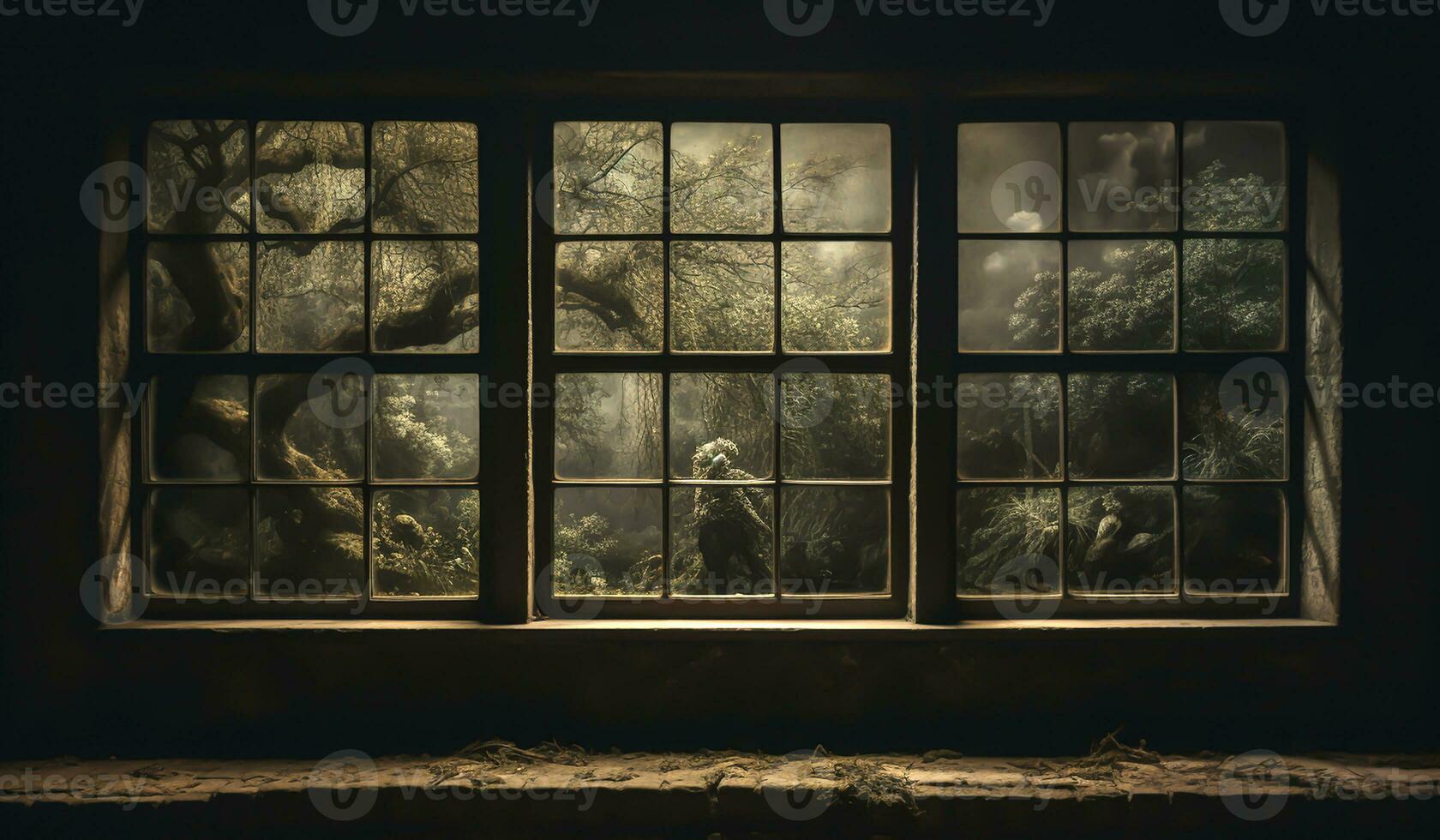 Window detail in old abandoned house. AI generated photo