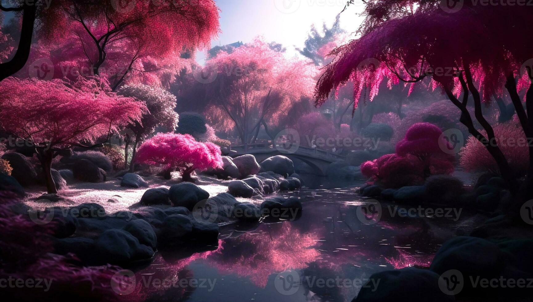 Japanese garden illustration in pink tones - Generative AI photo