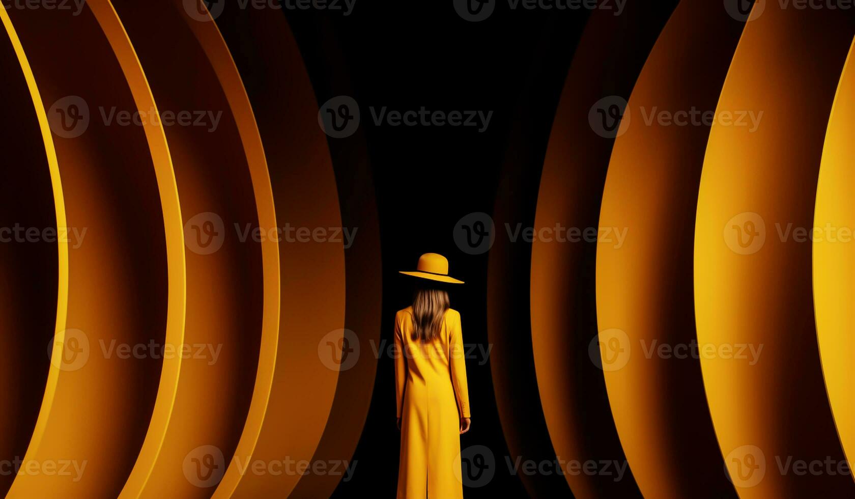 Girl in yellow dress next to yellow architectural pattern. AI generated photo