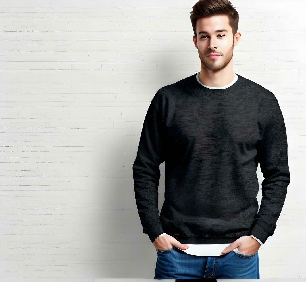 Young man wearing blank black sweater mockup print presentation mockup ai generate photo